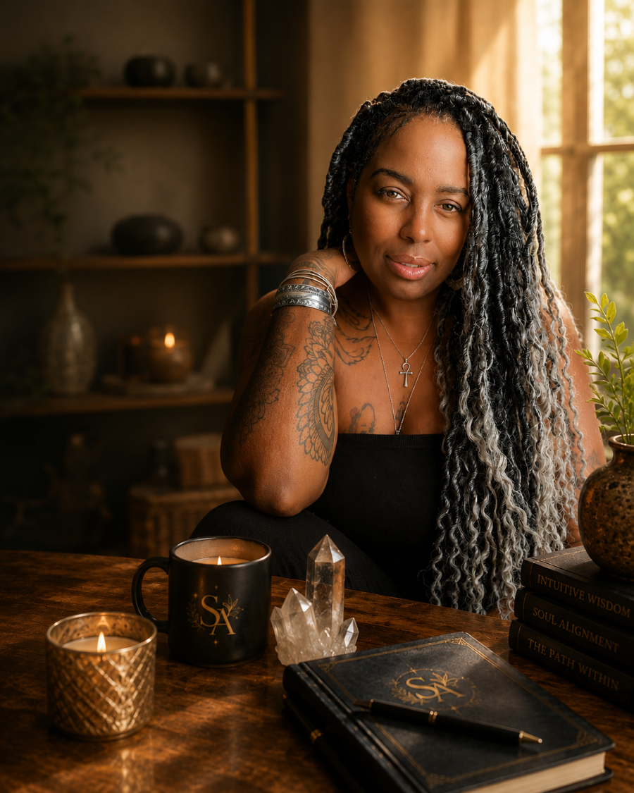 Abrihet Imara, founder of MoonRoot Folk, seated at her desk with candles and crystals